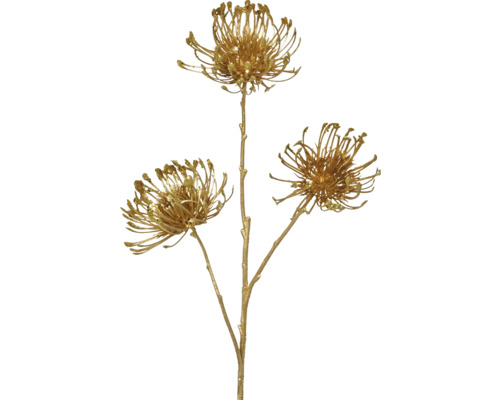Umelá vetva s tromi zlatými kvetmi leucospermum a trblietkami.