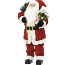 Figúrka Santa Clausa s bielou bradou, okuliarmi, červeným zamatovým kabátom, vrecom na darčeky a snežnicami.
