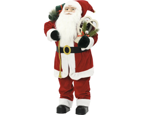 Figúrka Santa Clausa s bielou bradou, okuliarmi, červeným zamatovým kabátom, vrecom na darčeky a snežnicami.