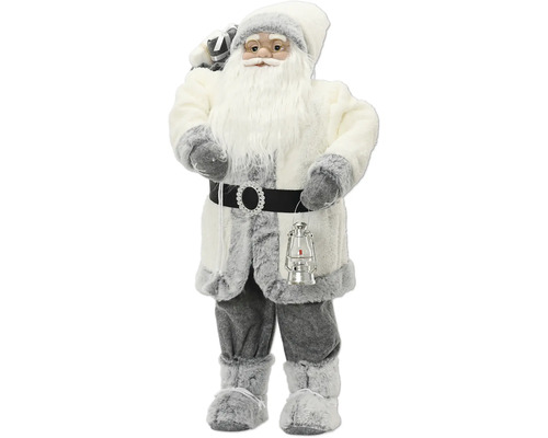 Figúrka Santa Clausa v bielo-sivom plyšovom kostýme s okuliarmi, vrecom a lampášom.
