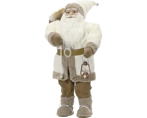 Dekoratívna figúrka Santa Clausa v krémovom kabáte s umelou kožušinou, lampášom a vrecom na darčeky.