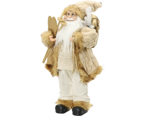 Dekoratívny Santa Claus s lyžami, palicami a vrecom, béžový kabát s umelou kožušinou, biele nohavice, čierne topánky.