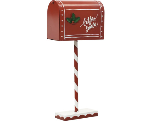 Červená vianočná poštová schránka na pruhovanej tyči s nápisom Letters to Santa a ozdobou cezmíny.