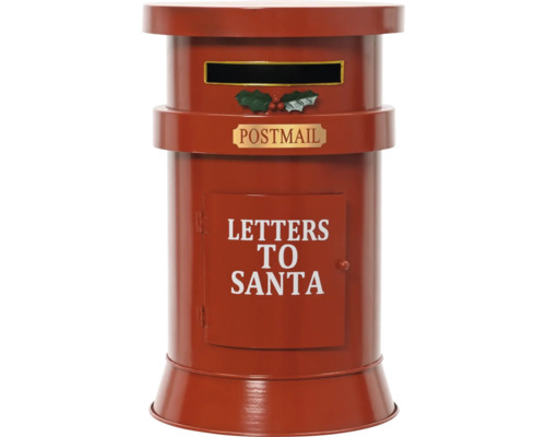 Červená vianočná poštová schránka v štýle stĺpa s nápisom Letters to Santa a ozdobou z cezmíny.