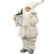 Figúrka Santa Clausa v bielej a striebornej farbe s vrecom, stromčekom a darčekom, má na sebe plyšový kabát a okuliare.
