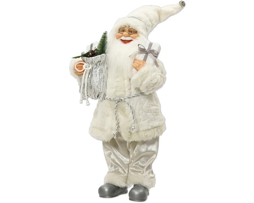 Figúrka Santa Clausa v bielej a striebornej farbe s vrecom, stromčekom a darčekom, má na sebe plyšový kabát a okuliare.