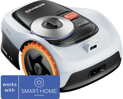 Robotická kosačka Segway Navimow s oranžovými kolesami, nastavovacím kolieskom, kamerou a logom Smart Home by Hornbach.