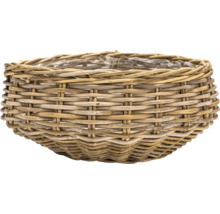 Okrúhly prútený kôš na rastliny s vnútornou plastovou fóliou.