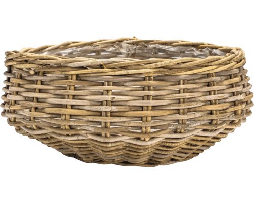 Okrúhly prútený kôš na rastliny s vnútornou plastovou fóliou.