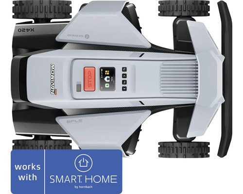 Robotická kosačka Segway Navimow zhora s displejom a tlačidlom stop, kompatibilná so SMART HOME by hornbach.