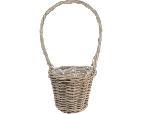 Pletený košík na rastliny z prútia s vysokým ucho a plastovou vložkou.