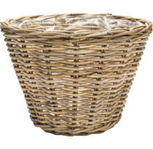 Okrúhly hnedý prútený kôš na rastliny s vnútornou plastovou fóliou.