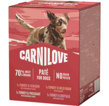 Carnilove krmivo pre psov multipack paté bez obilnín 4 kusy so 70 percentami mäsa a vnútorností rôzne druhy.
