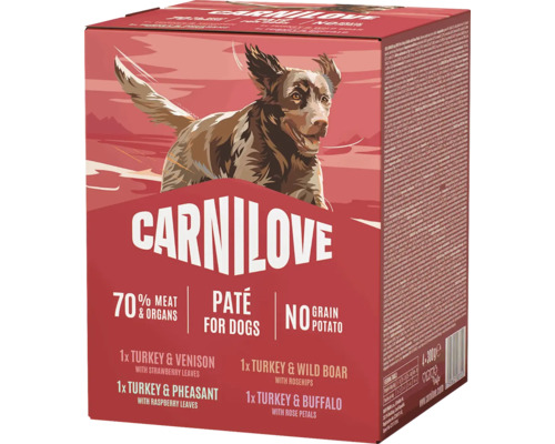 Carnilove krmivo pre psov multipack paté bez obilnín 4 kusy so 70 percentami mäsa a vnútorností rôzne druhy.