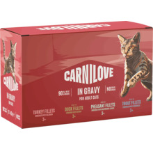Carnilove multipack mokré krmivo pre dospelé mačky, filety v omáčke, 12 kapsičiek s morkou, kačicou, bažantom a pstruhom, bez obilnín.