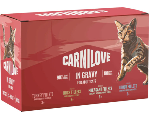 Carnilove multipack mokré krmivo pre dospelé mačky, filety v omáčke, 12 kapsičiek s morkou, kačicou, bažantom a pstruhom, bez obilnín.