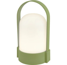 Prenosná LED stolová lampa so zelenou základňou a rukoväťou.