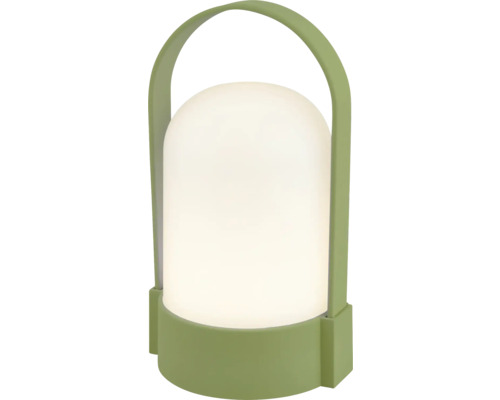 Prenosná LED stolová lampa so zelenou základňou a rukoväťou.