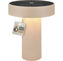 Moderná béžová solárna stolová lampa s drážkovanou základňou a integrovaným solárnym panelom, víťaz ocenenia German Design Award 2026.
