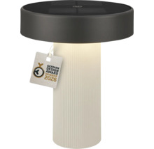 Valcová solárna stolná lampa s bielou rebrovanou základňou a tmavou hornou časťou, pečať German Design Award Winner 2026.