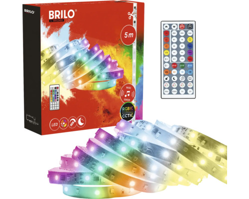 LED pásik Brilo 5 metrov, RGBIC a nastaviteľné biele svetlo, hudobný senzor a diaľkové ovládanie.