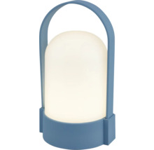 Prenosná LED stolná lampa s modrou rukoväťou a podstavcom a bielym matným plastovým tienidlom.