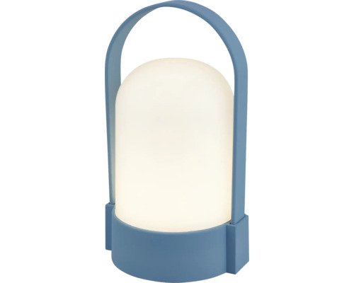 Prenosná LED stolná lampa s modrou rukoväťou a podstavcom a bielym matným plastovým tienidlom.