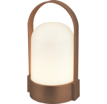 Prenosná stolná LED lampa s hnedým držadlom a bielym plastovým tienidlom na vonkajšie použitie.