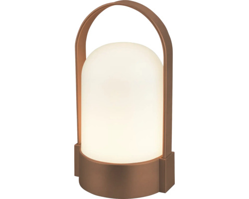 Prenosná stolná LED lampa s hnedým držadlom a bielym plastovým tienidlom na vonkajšie použitie.