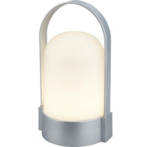 Prenosná LED stolná lampa s bielym plastovým difúzorom a strieborným kovovým držadlom.