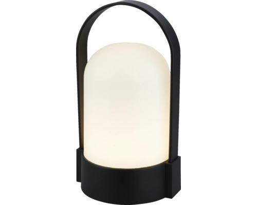 Moderná prenosná stolná lampa s čiernou základňou a rukoväťou a bielou priesvitnou kupolou.