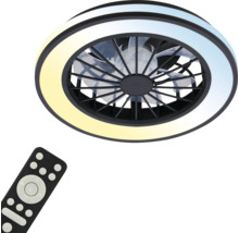 LED stropné svietidlo s ventilátorom a diaľkovým ovládaním, okrúhly dizajn s čiernym rámom a nastaviteľnou teplotou farieb.