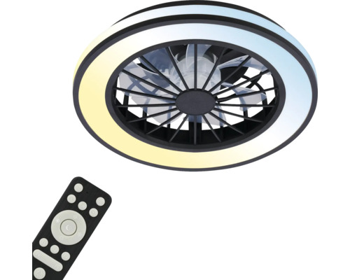 LED stropné svietidlo s ventilátorom a diaľkovým ovládaním, okrúhly dizajn s čiernym rámom a nastaviteľnou teplotou farieb.