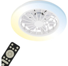 Okrúhly biely stropný ventilátor s integrovaným LED osvetlením a diaľkovým ovládaním.