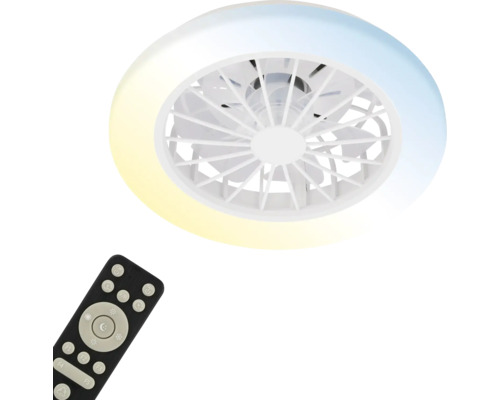 Okrúhly biely stropný ventilátor s integrovaným LED osvetlením a diaľkovým ovládaním.
