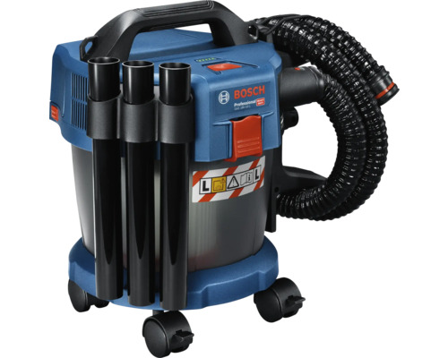 Akumulátorový vysávač na mokré a suché vysávanie Bosch Professional GAS 18V-10 L s trubicami, hadicou a kolieskami.