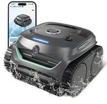 Bazénový čistiaci robot Wybot s integrovanou kamerou a pásovým pohonom, vrátane ovládania cez aplikáciu v smartfóne.