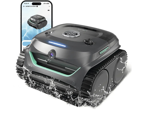 Bazénový čistiaci robot Wybot s integrovanou kamerou a pásovým pohonom, vrátane ovládania cez aplikáciu v smartfóne.