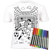 Biele detské tričko na vyfarbenie s futbalovým motívom a desať farebných fixiek na textil Splat Planet.