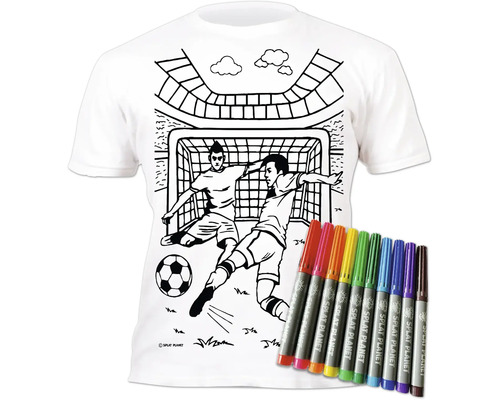 Biele detské tričko na vyfarbenie s futbalovým motívom a desať farebných fixiek na textil Splat Planet.