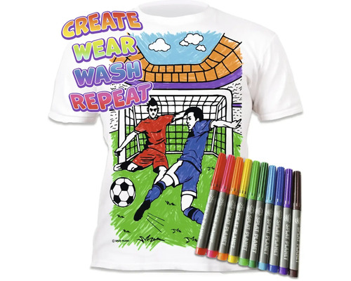 Biele tričko na vyfarbenie s futbalovým motívom a desať vyprateľných fixiek na textil Splat Planet.