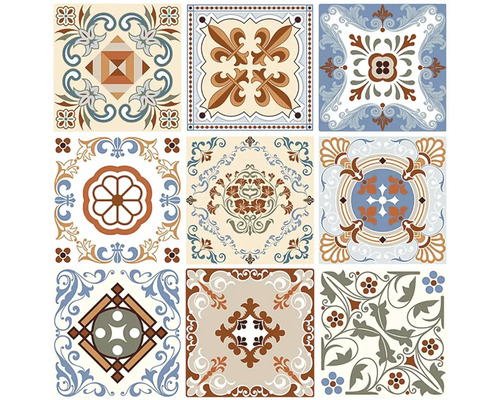 Deväť dekoratívnych dlaždíc s rôznymi vintage vzormi, kvetinovými ornamentmi a geometrickými vzormi.