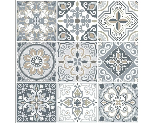 Deväť štvorcových dlaždíc s rôznymi vintage ornamentálnymi vzormi v mriežke tri krát tri.