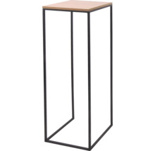 Moderný stojan na kvety s čiernou kovovou konštrukciou a štvorcovou doskou v dekore dreva.