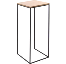 Moderný stojan na rastliny so štvorcovou drevenou doskou a čiernym kovovým rámom.