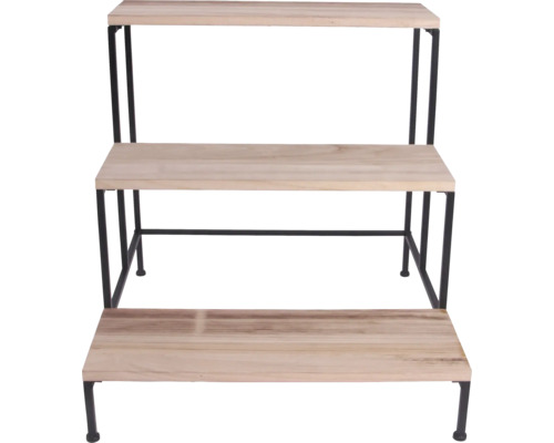 Trojstupňový drevený regál s čiernym kovovým rámom.