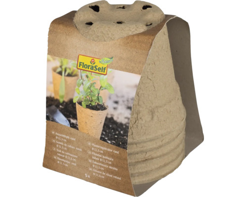 Päť okrúhlych zakoreňovačov FloraSelf Nature s priemerom 11,5 centimetra z biologicky rozložiteľného materiálu.