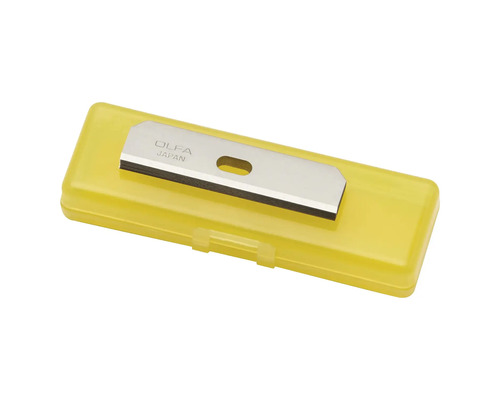 Náhradné čepele OLFA pre škrabky z ocele v žltej plastovej krabičke.