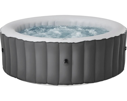 Nafukovacia sivá vírivka s bublajúcou vodou a rebrovanou vonkajšou stenou.