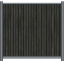 Plotový panel z drevoplastu so zvislými lamelami v dekore dreva antracit a strieborným hliníkovým rámom.